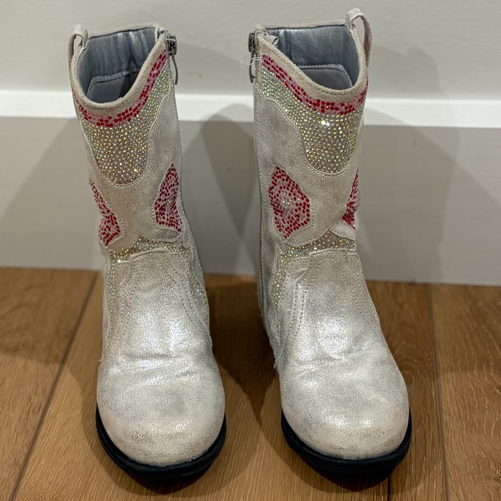 Lily Rose Silver Glitter Girls' Western Boots with Pink Crystal Accents